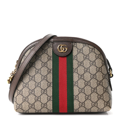 Gucci GG Supreme Monogram Textured Dollar Calfskin Web Small Ophidia Dome Shoulder Bag Beige Ebony New Acero