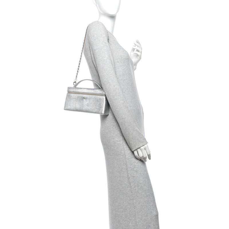 Chanel Lizard Embossed Top Handle Slim Vanity With Chain Silver