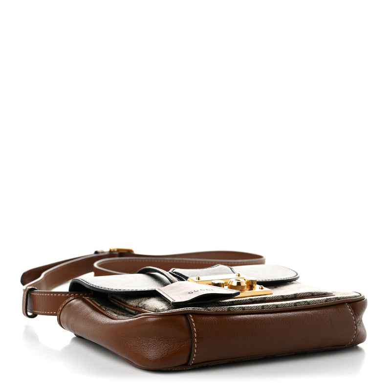 Gucci GG Supreme Monogram New Sakai Lux Calfskin Mini Padlock Flap Pocket Shoulder Bag Beige Ebony Black Cuir