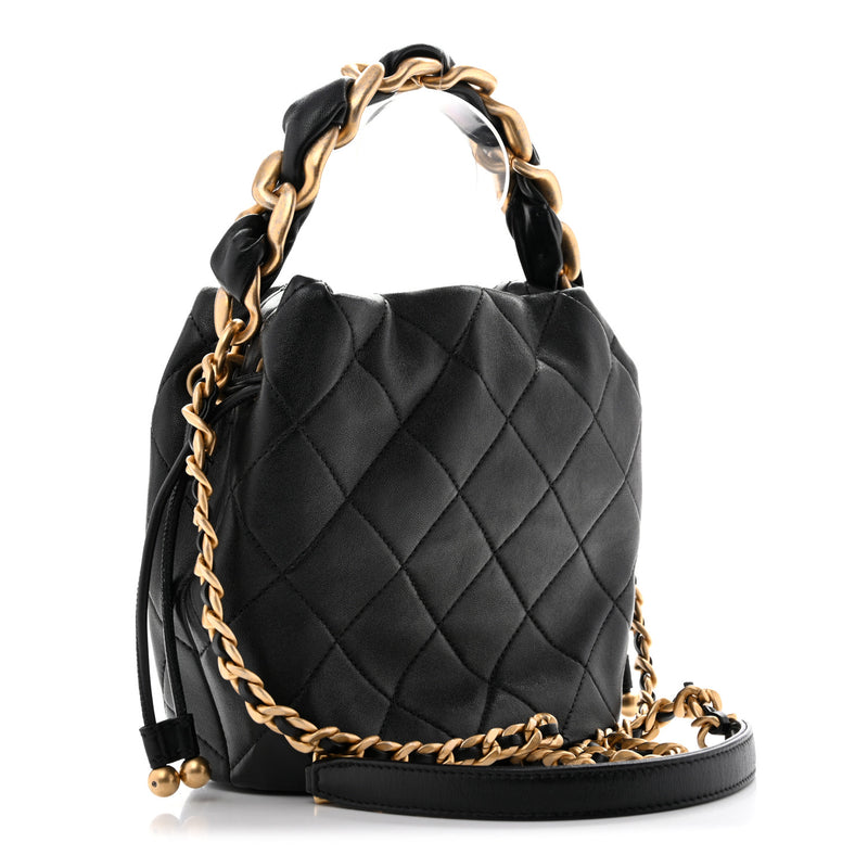 Chanel Shiny Lambskin Quilted Chain Is More Drawstring Bag Black