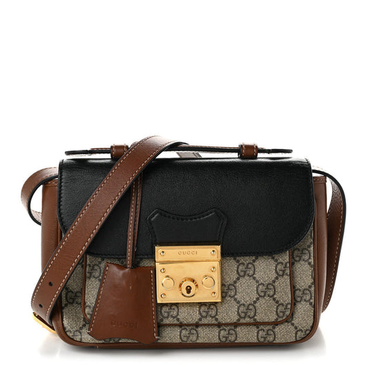 Gucci GG Supreme Monogram New Sakai Lux Calfskin Mini Padlock Flap Pocket Shoulder Bag Beige Ebony Black Cuir