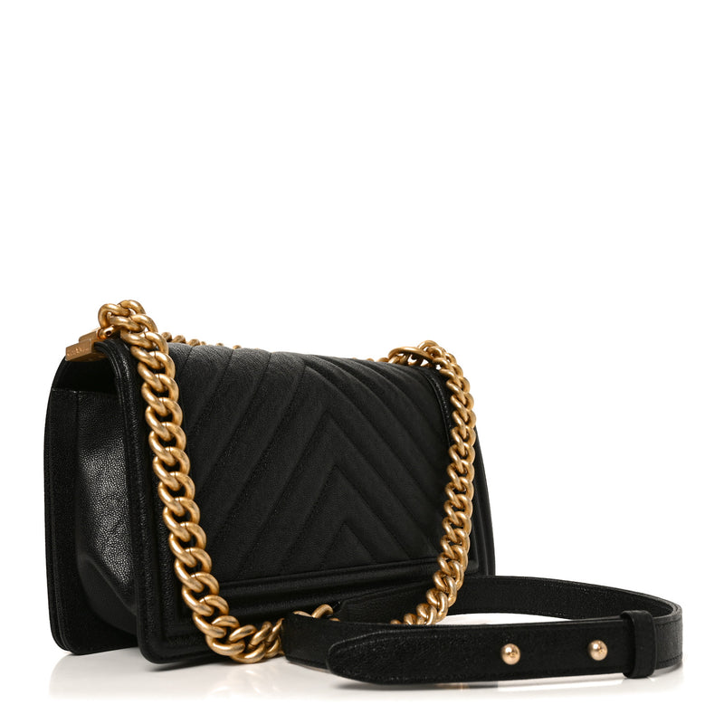 Chanel Caviar Chevron Quilted Medium Boy Flap Black