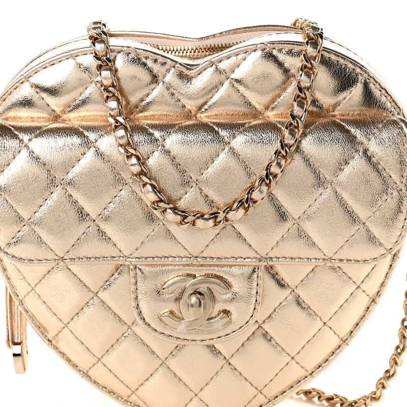 Chanel Metallic Lambskin Quilted Large CC In Love Heart Bag Gold