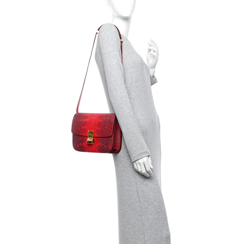 Celine Lizard Medium Classic Box Flap Bag Ruby