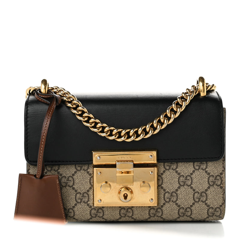 Gucci GG Supreme Monogram Calfskin Small Padlock Shoulder Bag Beige Black Cuir