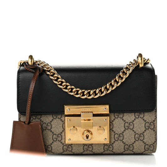 Gucci GG Supreme Monogram Calfskin Small Padlock Shoulder Bag Beige Black Cuir