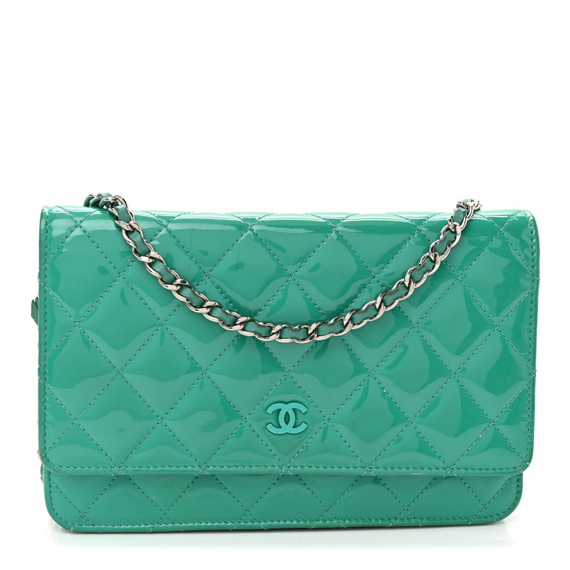 Chanel Patent Quilted Wallet On Chain WOC Green