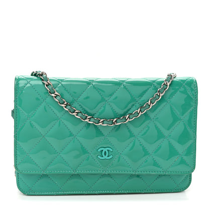 Chanel Patent Quilted Wallet On Chain WOC Green