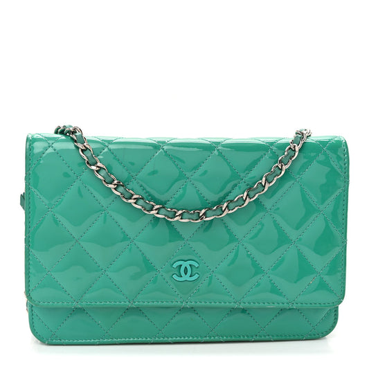 Chanel Patent Quilted Wallet On Chain WOC Green