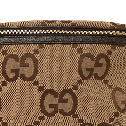 Gucci Monogram Jumbo GG Textured Dollar Calfskin Web Belt Bag Camel Ebony New Acero